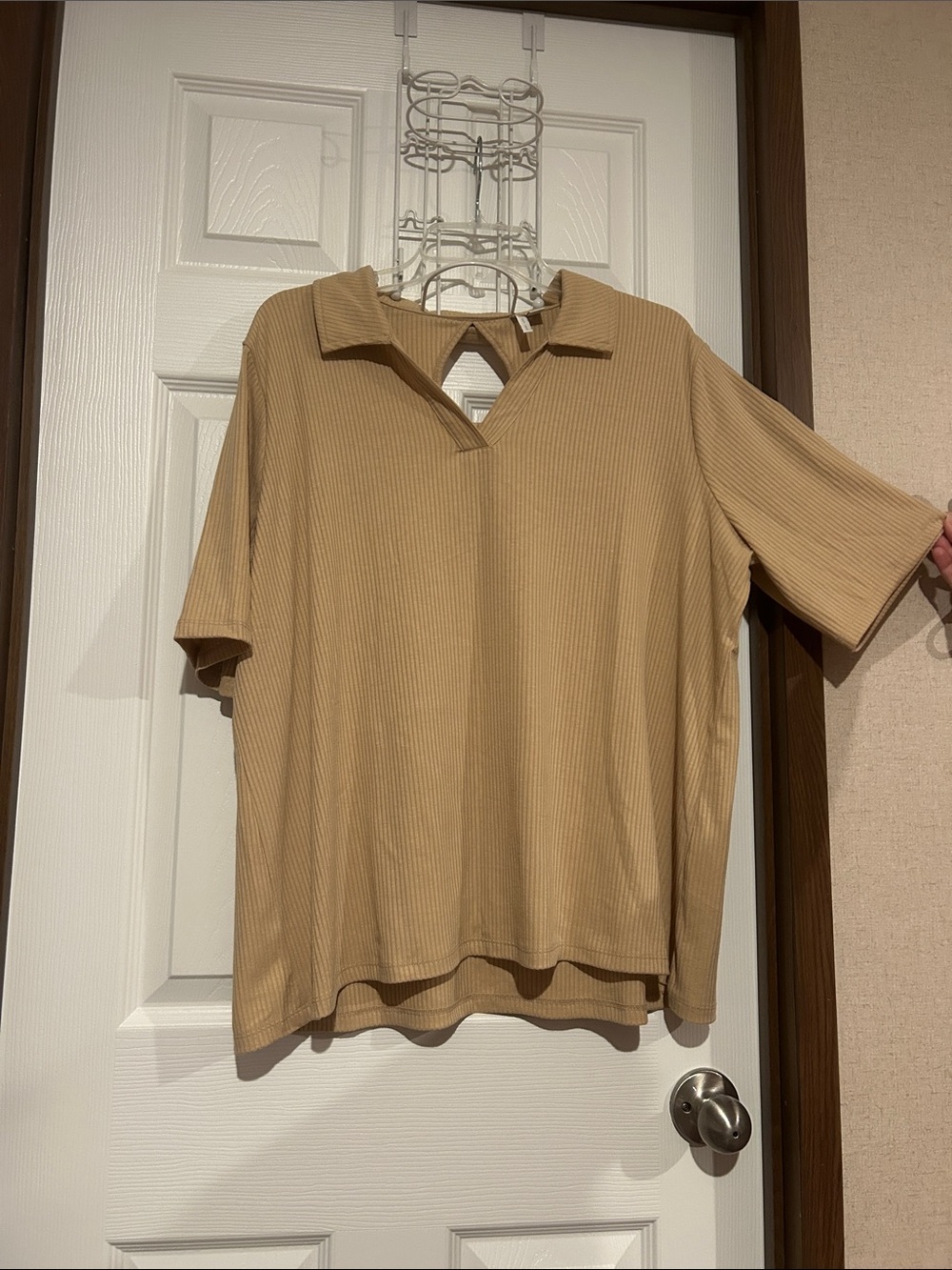 Ribbed Short Sleeve Polo Top in Camel 18/20